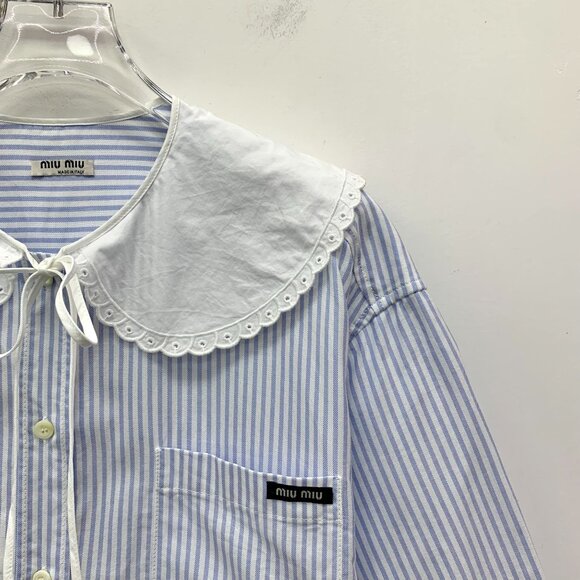 Miu Miu Blue Striped Cotton Baby Collar Short-Sleeved Single-Breasted Shirt Size - Picture 7 of 8